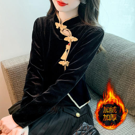 新款秋冬加绒加厚国风丝绒盘扣衬衫KQL-157T6833 商品图1