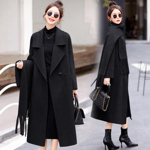 气质百搭韩系羊毛双面呢外套，长款羊毛大衣配围巾HR-BX2302 商品图1