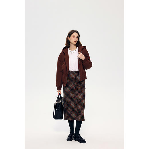 HeyDress复古直筒半身裙女秋冬法式高腰格纹开叉设计棕色气质半裙 商品图0