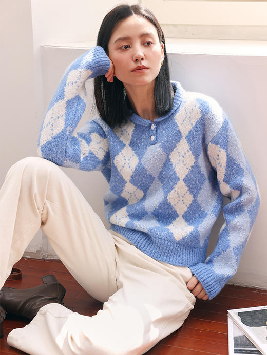 HeyDress蓝色翻领毛衣女秋冬法式复古格子设计感宽松别致针织上衣 商品图0