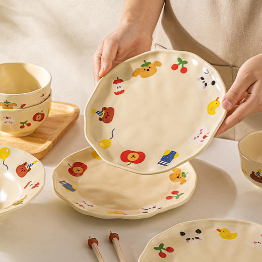 摩登主妇动物派对餐具可爱陶瓷米饭碗盘筷子一人食家用碗碟套装 商品图2
