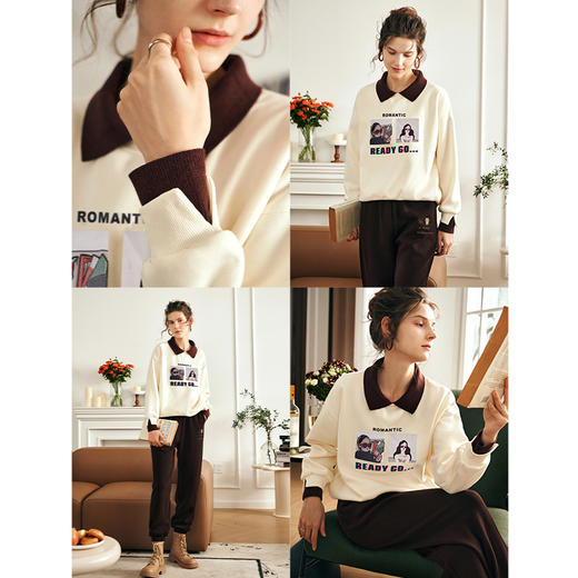 OLrain欧芮儿美式polo领卫衣女秋冬2023年新款复古撞色加绒上衣 商品图1