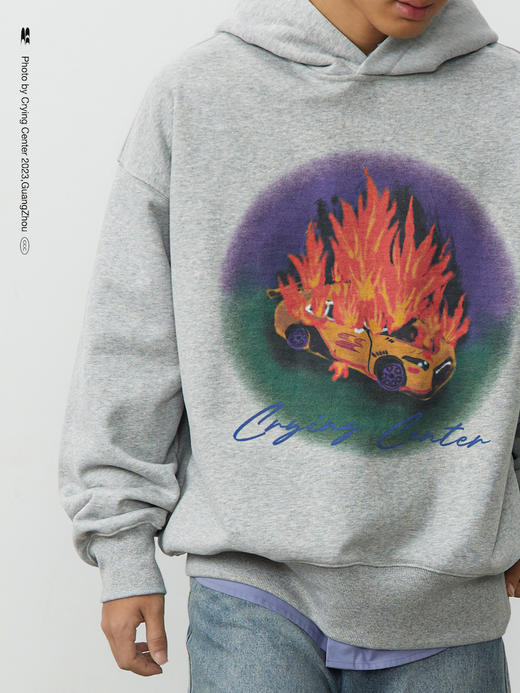 CryingCenter汽车着火了手绘印花花灰色连帽卫衣休闲百搭哭喊中心 商品图3