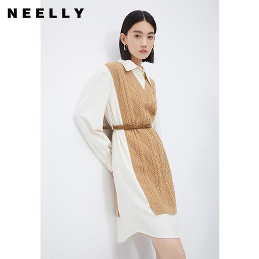 NEELLY纳俪商场同款冬季假两件连衣裙女时尚衬衫领羊毛显瘦中长裙N23112Y01174 商品图2