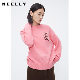 NEELLY纳俪商场同款100%绵羊毛针织衫女粉色甜美苹果笑脸设计毛衣N23112A01153