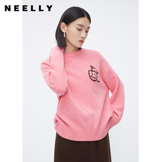NEELLY纳俪商场同款100%绵羊毛针织衫女粉色甜美苹果笑脸设计毛衣N23112A01153 商品图0