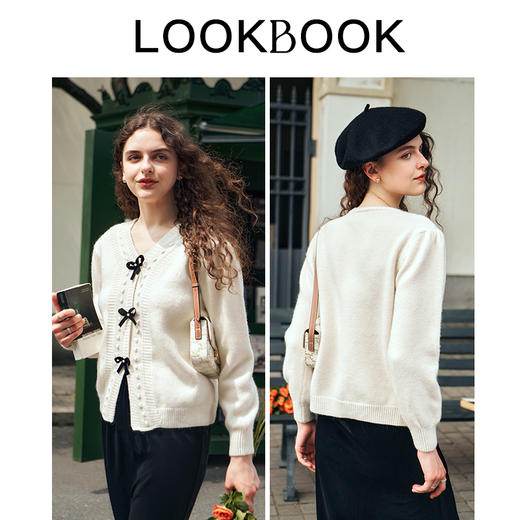 OLrain欧芮儿杏色V领毛衣女春2025新款甜美软糯蝴蝶结短款上衣 商品图4