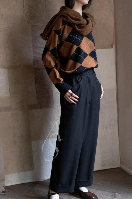 Margaret Howell 锈红色/深卡其geelong千鸟格羔羊毛围巾 商品图3