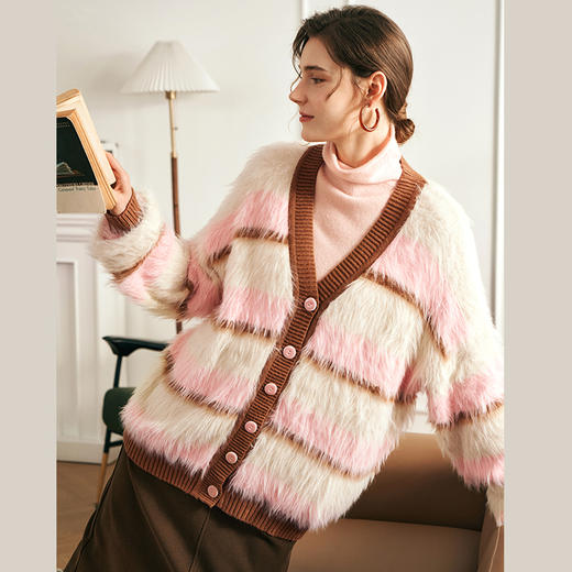 OLrain欧芮儿条纹开衫毛衣女冬季2025年新款复古v领撞色针织衫 商品图0