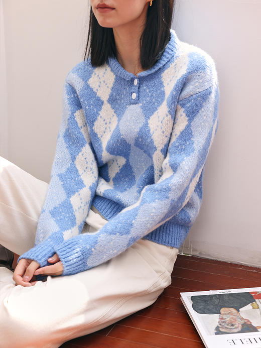 HeyDress蓝色翻领毛衣女秋冬法式复古格子设计感宽松别致针织上衣 商品图1