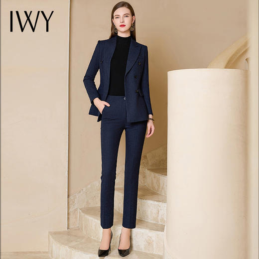 IWY/藏蓝色人字纹西装外套女秋冬羊毛加厚西服休闲商务职业套装 CP1154-ZL 商品图0