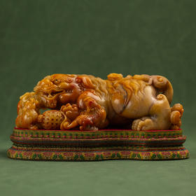 清 寿山石雕太狮少狮摆件