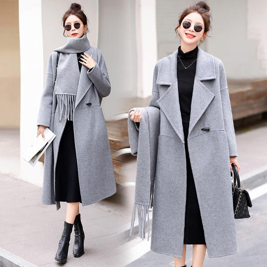 气质百搭韩系羊毛双面呢外套，长款羊毛大衣配围巾HR-BX2302 商品图0