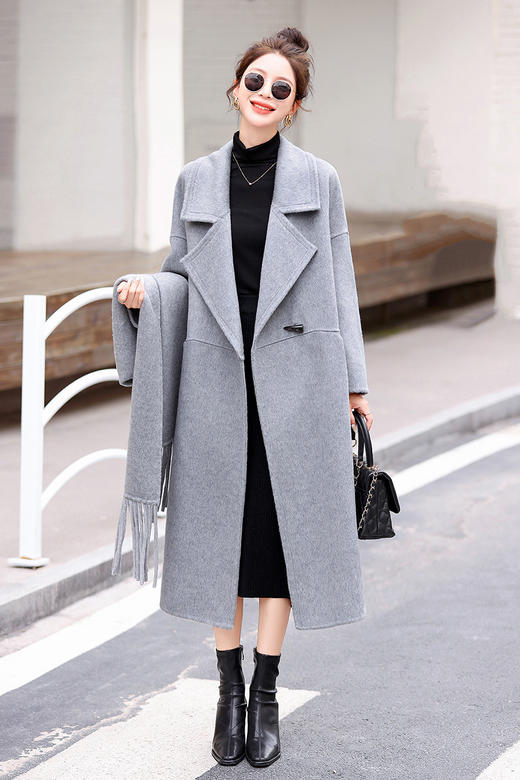 气质百搭韩系羊毛双面呢外套，长款羊毛大衣配围巾HR-BX2302 商品图3
