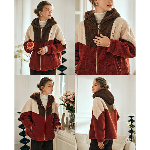 OLrain欧芮儿枫叶红毛呢外套女冬季2025新款宽松加厚羊羔绒上衣 商品图1