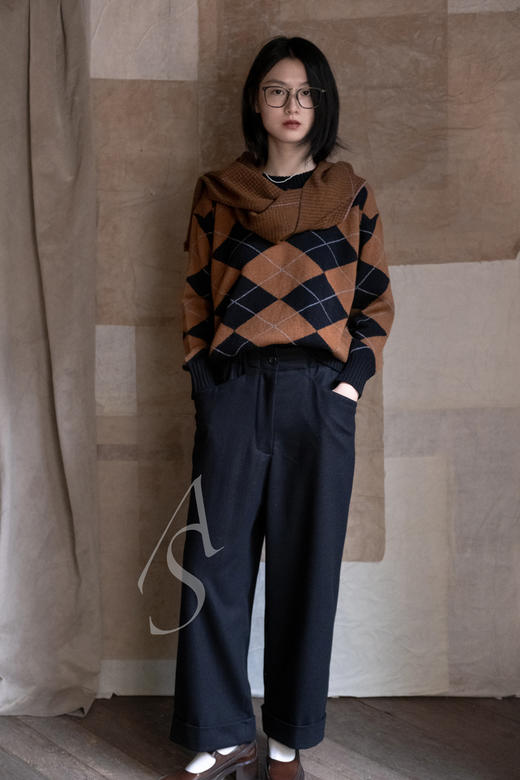 Margaret Howell 锈红色/深卡其geelong千鸟格羔羊毛围巾 商品图4