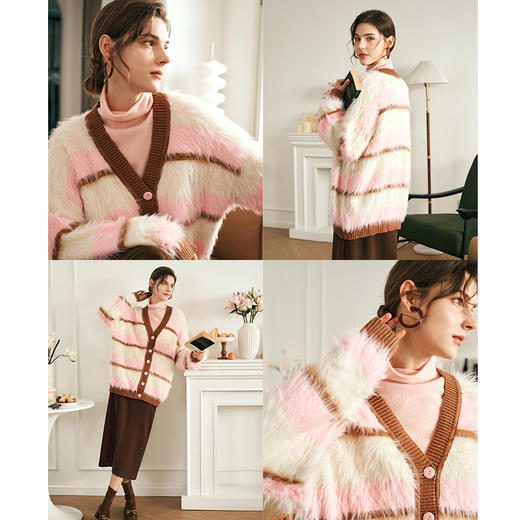 OLrain欧芮儿条纹开衫毛衣女冬季2025年新款复古v领撞色针织衫 商品图1