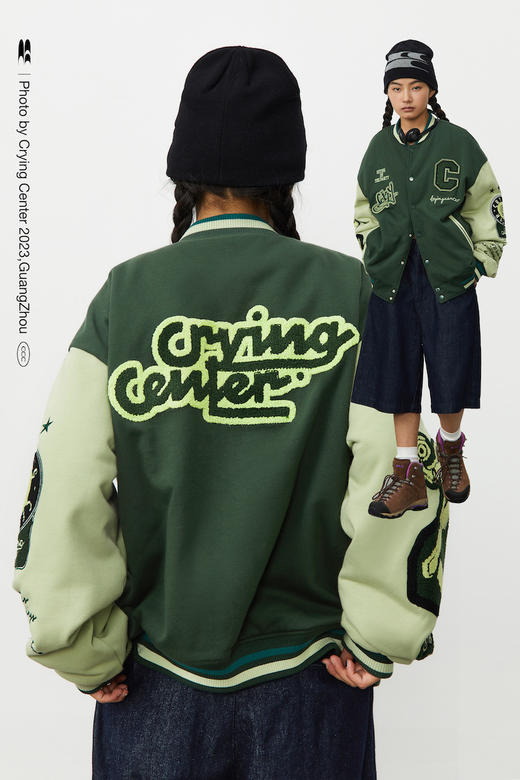 CryingCenter 美式复古刺绣棒球服夹棉外套街头百搭深绿 哭喊中心 商品图0