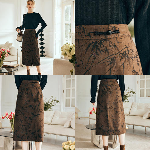 OLrain欧芮儿棕色半身裙女秋冬2023新款复古竹影新中式气质半裙 商品图1