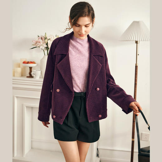 OLrain欧芮儿果酱色短外套女秋冬2023年新款小众设计感灯芯绒上衣 商品图0