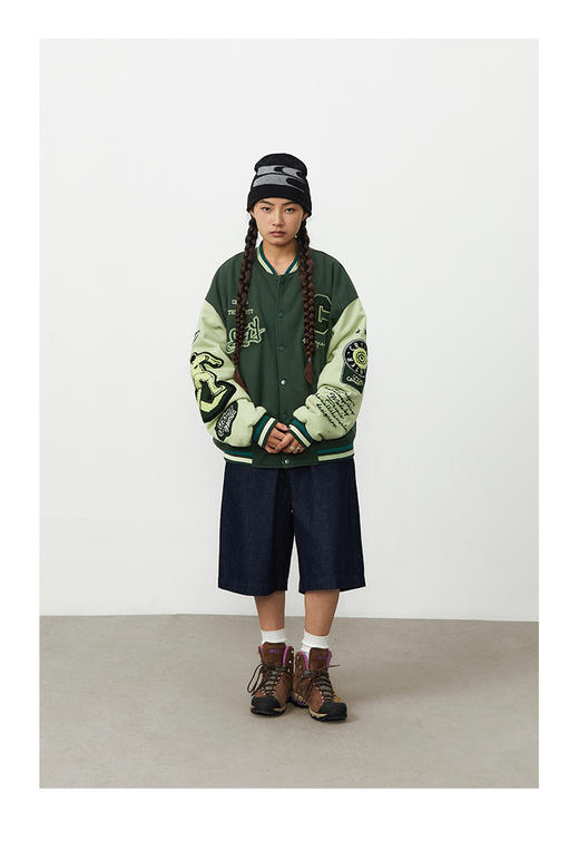 CryingCenter 美式复古刺绣棒球服夹棉外套街头百搭深绿 哭喊中心 商品图2