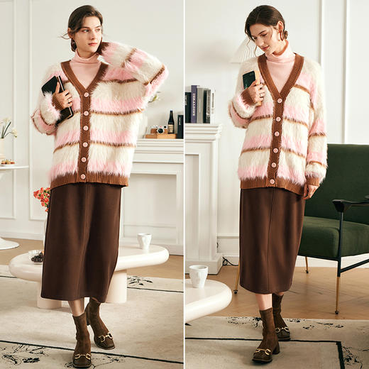 OLrain欧芮儿条纹开衫毛衣女冬季2025年新款复古v领撞色针织衫 商品图3