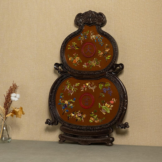 清 紫檀镶漆地百宝嵌葫芦形大吉挂屏 商品图0