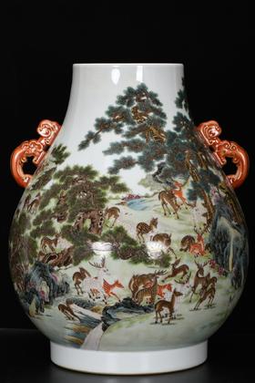 珐琅彩百鹿双耳如意尊