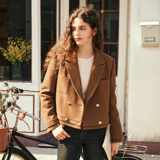 OLrain欧芮儿美拉德毛呢外套女秋冬2023年新款焦糖色气质短款上衣 商品图0