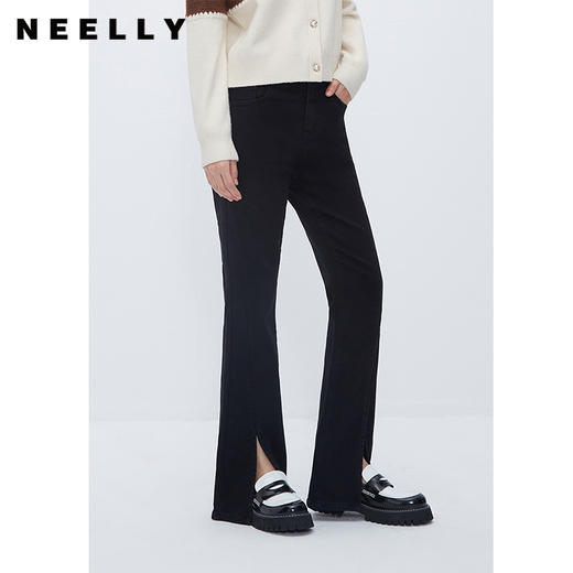 NEELLY纳俪商场同款黑色显瘦直筒牛仔裤女冬新款时尚开叉百搭长裤N23112H01180 商品图2