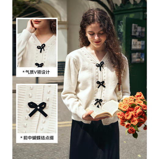 OLrain欧芮儿杏色V领毛衣女春2025新款甜美软糯蝴蝶结短款上衣 商品图3