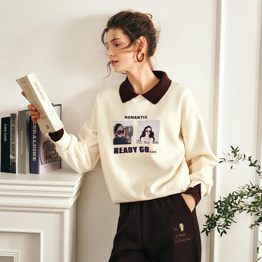 OLrain欧芮儿美式polo领卫衣女秋冬2023年新款复古撞色加绒上衣 商品图0