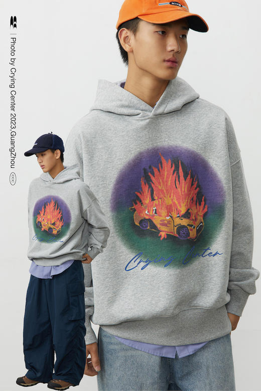 CryingCenter汽车着火了手绘印花花灰色连帽卫衣休闲百搭哭喊中心 商品图4