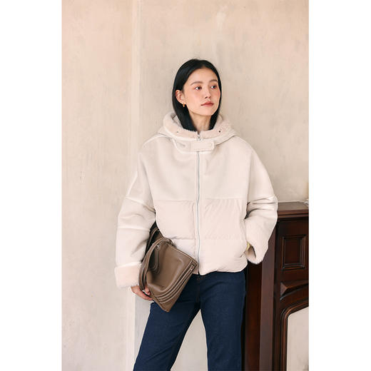 HeyDress麂皮羽绒服女冬季宽松加绒抗寒保暖外套别致连帽设计上衣 商品图0