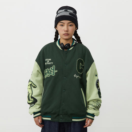 CryingCenter 美式复古刺绣棒球服夹棉外套街头百搭深绿 哭喊中心 商品图1