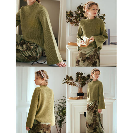 OLrain欧芮儿橄榄绿毛衣女秋冬2023年新款喇叭袖针织保暖套头衫 商品图1