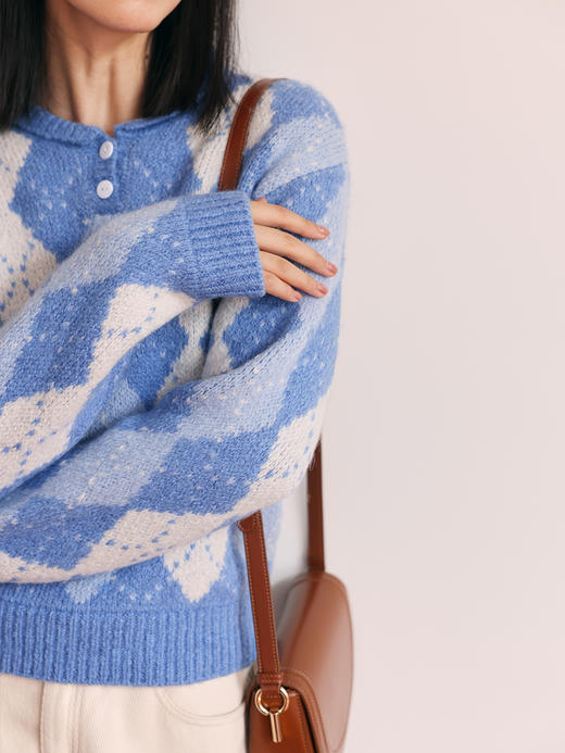 HeyDress蓝色翻领毛衣女秋冬法式复古格子设计感宽松别致针织上衣 商品图2