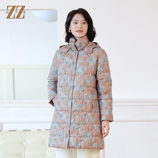 佐尔美冬季新款 时尚双面穿花色中长款可拆帽领羽绒服女E24YY03 商品图0