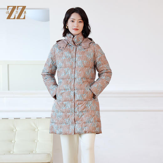 佐尔美冬季新款 时尚双面穿花色中长款可拆帽领羽绒服女E24YY03 商品图2