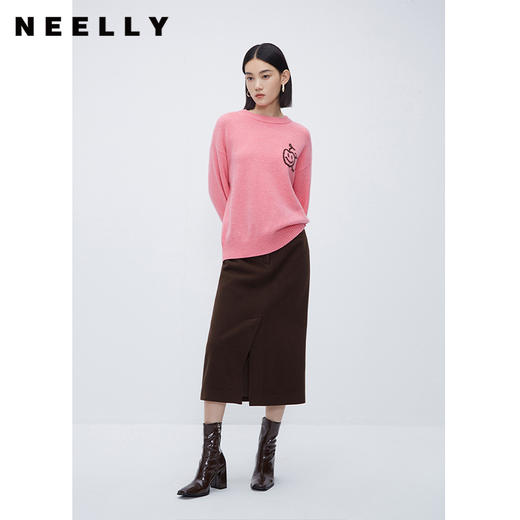 NEELLY纳俪商场同款100%绵羊毛针织衫女粉色甜美苹果笑脸设计毛衣N23112A01153 商品图1