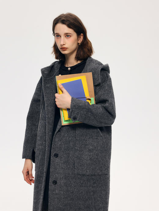 HeyDress连帽毛呢外套女秋冬宽松休闲羊毛长大衣骆驼绒气质双面呢 商品图2