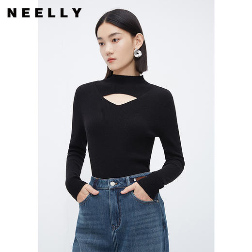 NEELLY纳俪商场同款立领镂空针织衫女冬季小心机设计感修身羊毛衫N23112A01160 商品图0