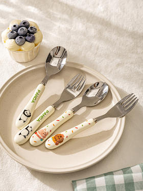 摩登主妇mototo熊猫可爱不锈钢叉勺套装创意儿童陶瓷叉子勺子餐具