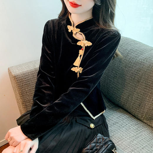 新款秋冬加绒加厚国风丝绒盘扣衬衫KQL-157T6833 商品图4