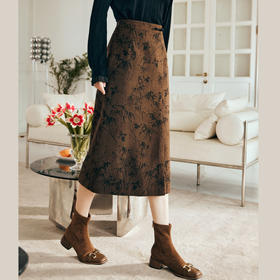 OLrain欧芮儿棕色半身裙女秋冬2023新款复古竹影新中式气质半裙