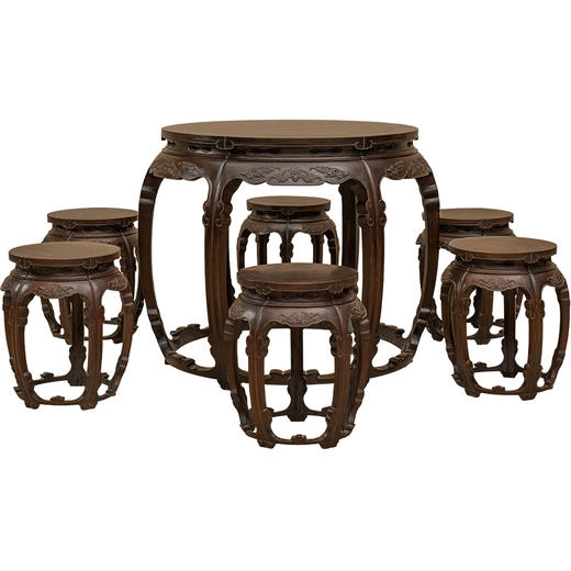 清 红木蝠纹双拼圆台圆凳成套（一桌六凳） 商品图5