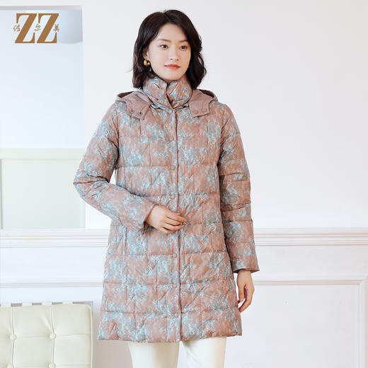 佐尔美冬季新款 时尚双面穿花色中长款可拆帽领羽绒服女E24YY03 商品图3