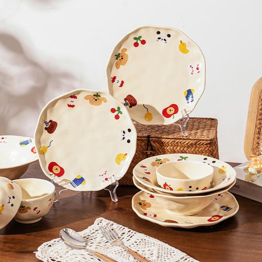 摩登主妇动物派对餐具可爱陶瓷米饭碗盘筷子一人食家用碗碟套装 商品图0