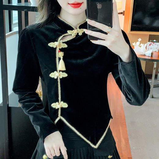 新款秋冬加绒加厚国风丝绒盘扣衬衫KQL-157T6833 商品图2