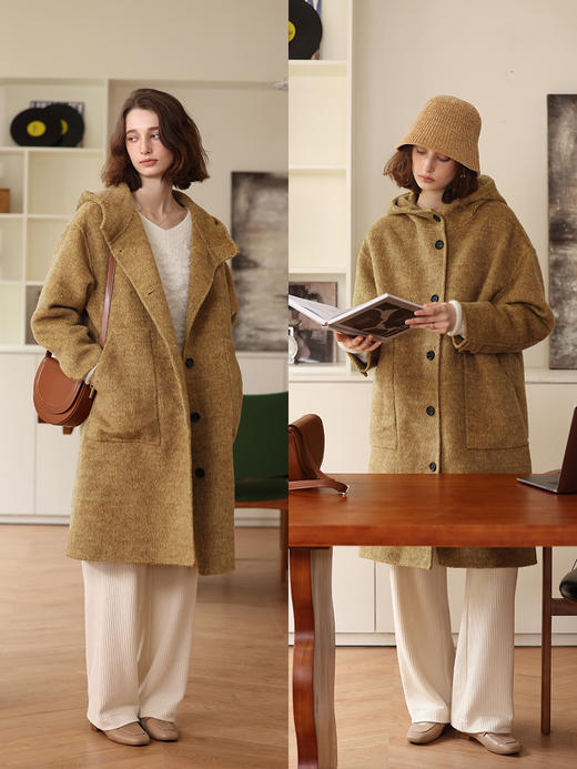 HeyDress连帽毛呢外套女秋冬宽松休闲羊毛长大衣骆驼绒气质双面呢 商品图1